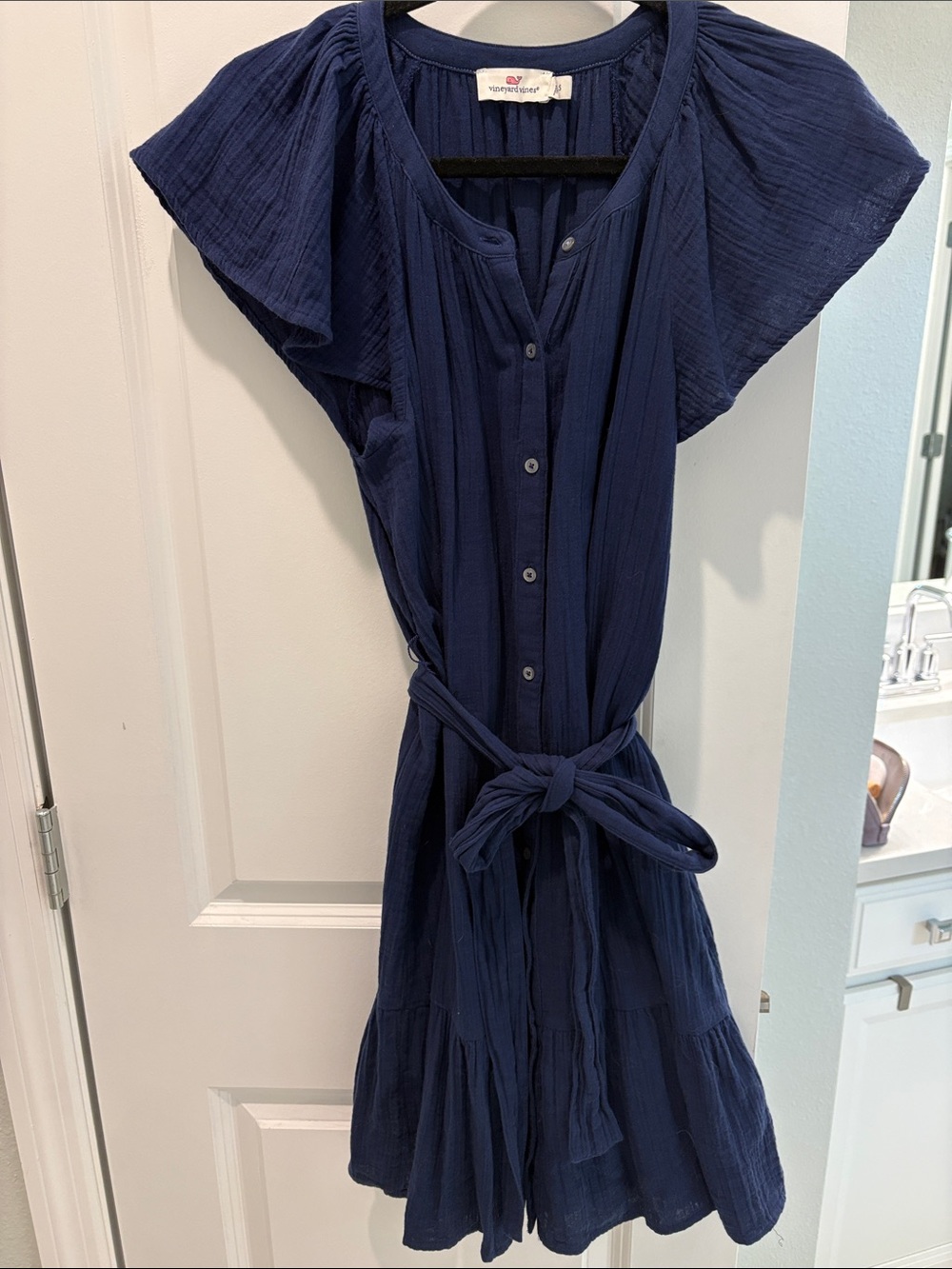 Vineyard Vines Navy Button-Front Tie-Waist Flutter Dress